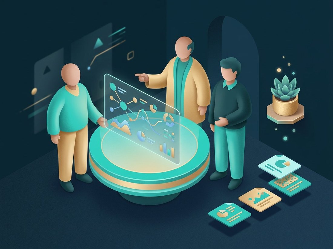 Illustration of three advisors reviewing a financial chart together at a table