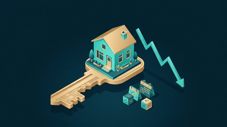 Isometric house resting on a large key with a downward rate line