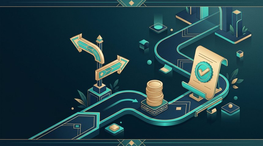 Isometric path with signposts, a coin stack and an approved document