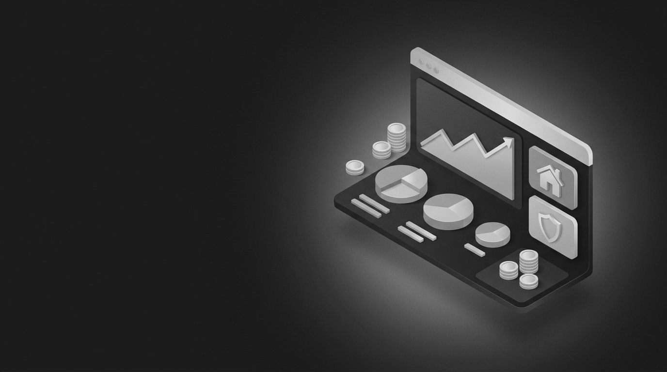 Illustration of a financial planning dashboard with a rising chart, portfolio segments, a home and a protection shield