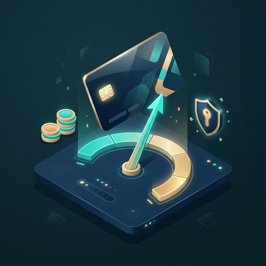 Credit card floating above a credit score gauge with coins and a shield