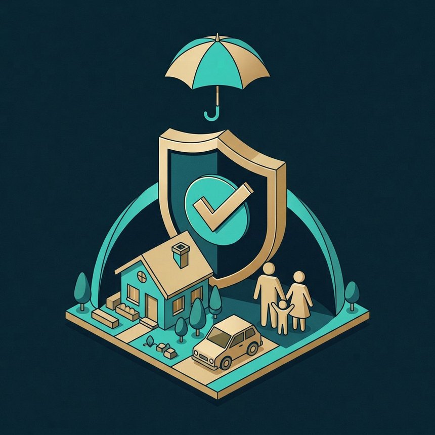 Shield protecting a house, car and family figures under an umbrella