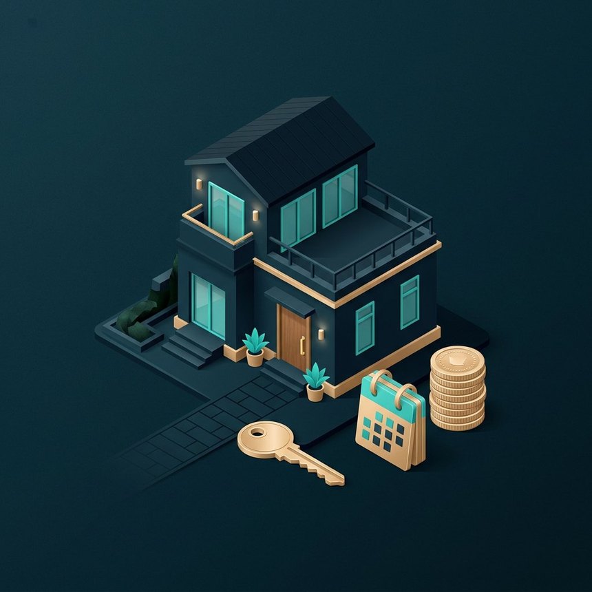 Isometric illustration of a modern house with a golden key, calendar and coins
