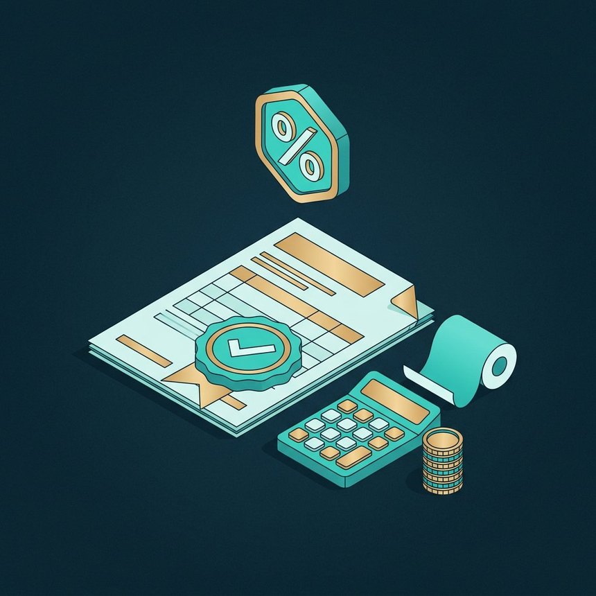 Tax document with check seal, calculator and coins on a navy background