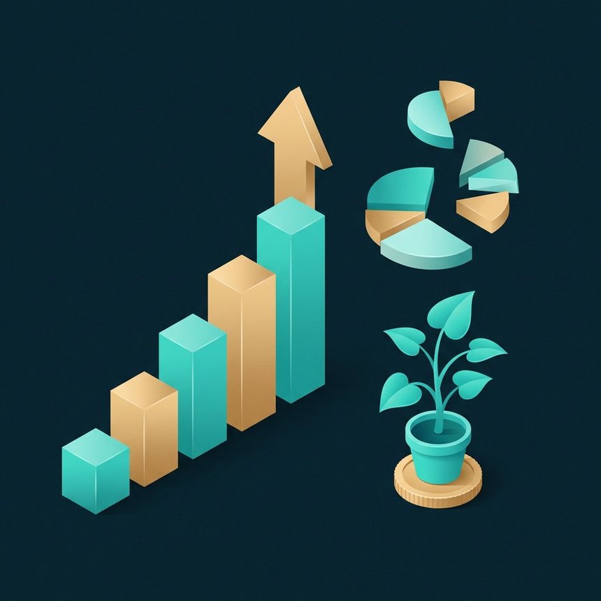 Rising bar chart with a money plant growing from coins and portfolio pie segments